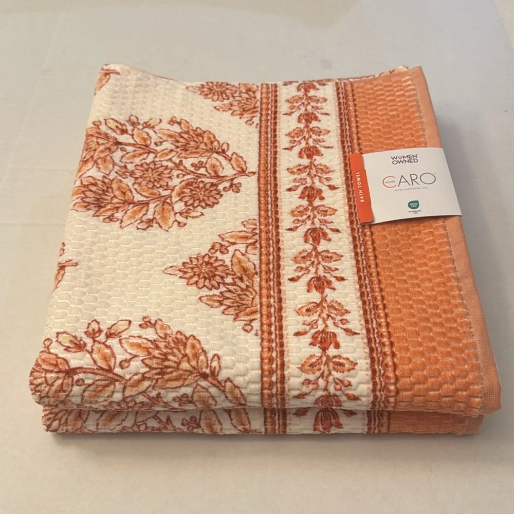 2pc CARO HOME 100% Cotton Printed Velour Bath Towel Set - Coral/Rust/Cream